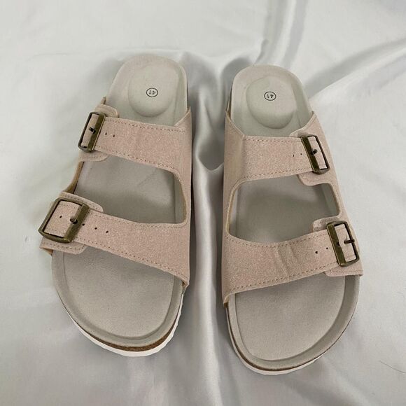 Boho Cream Nude Faux Suede Brassy Gold Buckle Sandals / Slides EU 41 US 10.5 - Picture 4 of 5